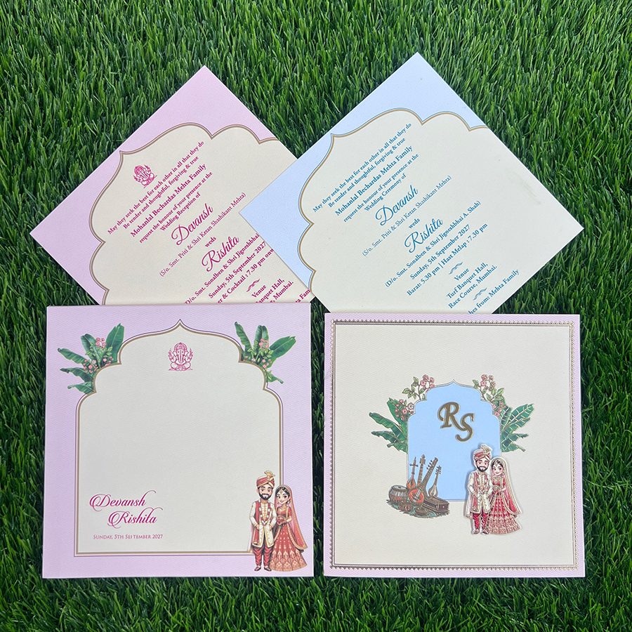 Explore Pastel Colour Wedding Cards at Metro Cards, Ahmedabad. Discover elegant pink, peach, lavender, sage green and powder blue wedding invitations with customized designs.