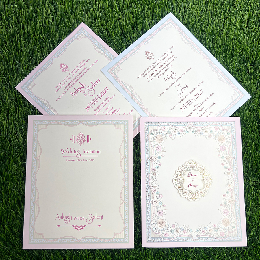 Explore Pastel Colour Wedding Cards at Metro Cards, Ahmedabad. Discover elegant pink, peach, lavender, sage green and powder blue wedding invitations with customized designs.