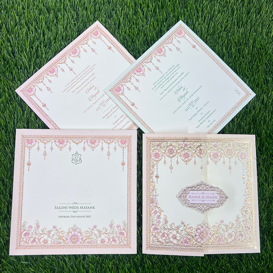 Explore Pastel Colour Wedding Cards at Metro Cards, Ahmedabad. Discover elegant pink, peach, lavender, sage green and powder blue wedding invitations with customized designs.