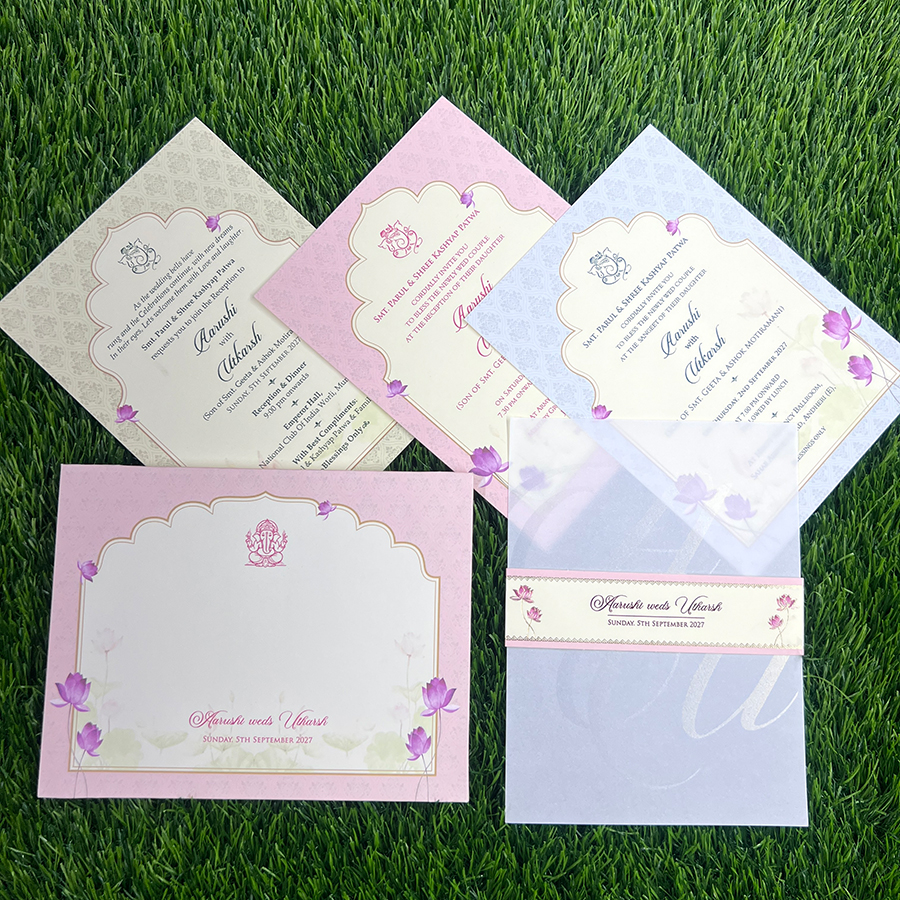 Explore Pastel Colour Wedding Cards at Metro Cards, Ahmedabad. Discover elegant pink, peach, lavender, sage green and powder blue wedding invitations with customized designs.