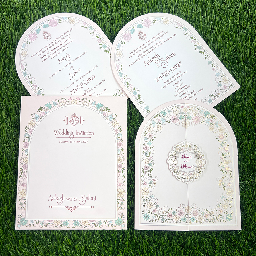 Explore Pastel Colour Wedding Cards at Metro Cards, Ahmedabad. Discover elegant pink, peach, lavender, sage green and powder blue wedding invitations with customized designs.