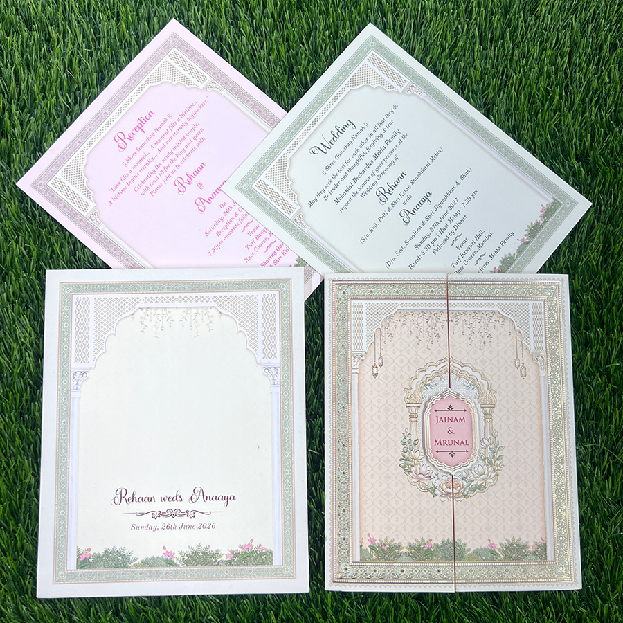 Explore Pastel Colour Wedding Cards at Metro Cards, Ahmedabad. Discover elegant pink, peach, lavender, sage green and powder blue wedding invitations with customized designs.
