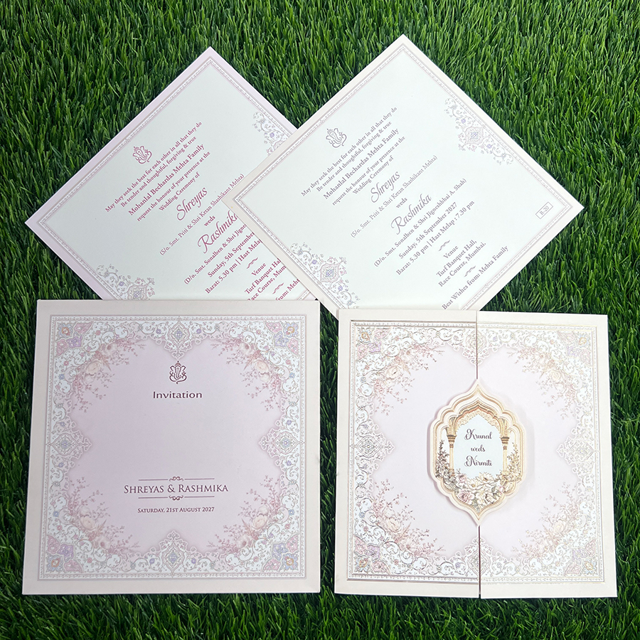 Explore Pastel Colour Wedding Cards at Metro Cards, Ahmedabad. Discover elegant pink, peach, lavender, sage green and powder blue wedding invitations with customized designs.