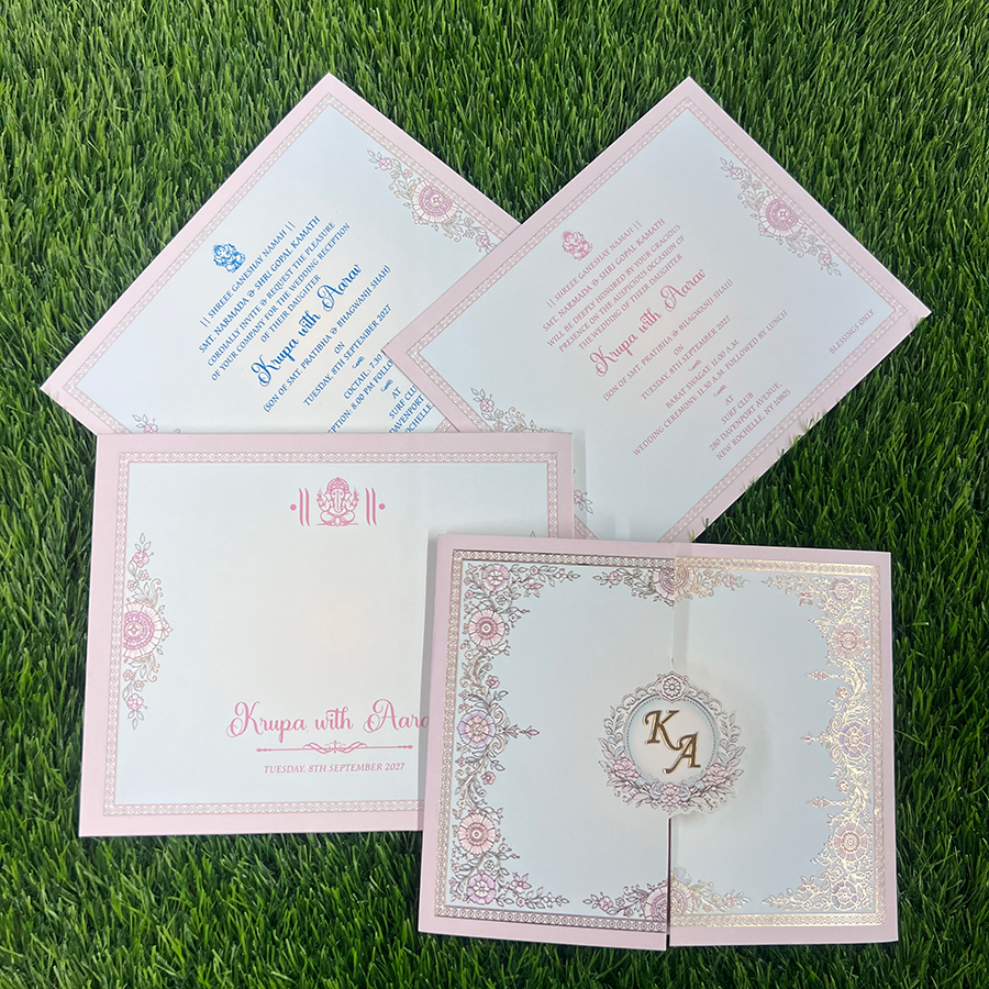 Explore Pastel Colour Wedding Cards at Metro Cards, Ahmedabad. Discover elegant pink, peach, lavender, sage green and powder blue wedding invitations with customized designs.